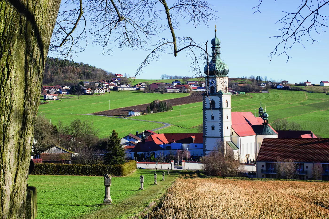 Dorf mit Zwiebelturmkirche hinter Wiesen und Feldern